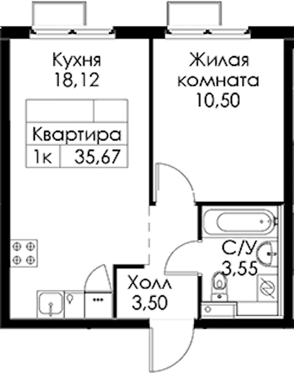 1-комнатная квартира 35.67 м², 13/15 эт., ЖК «Заречный парк»